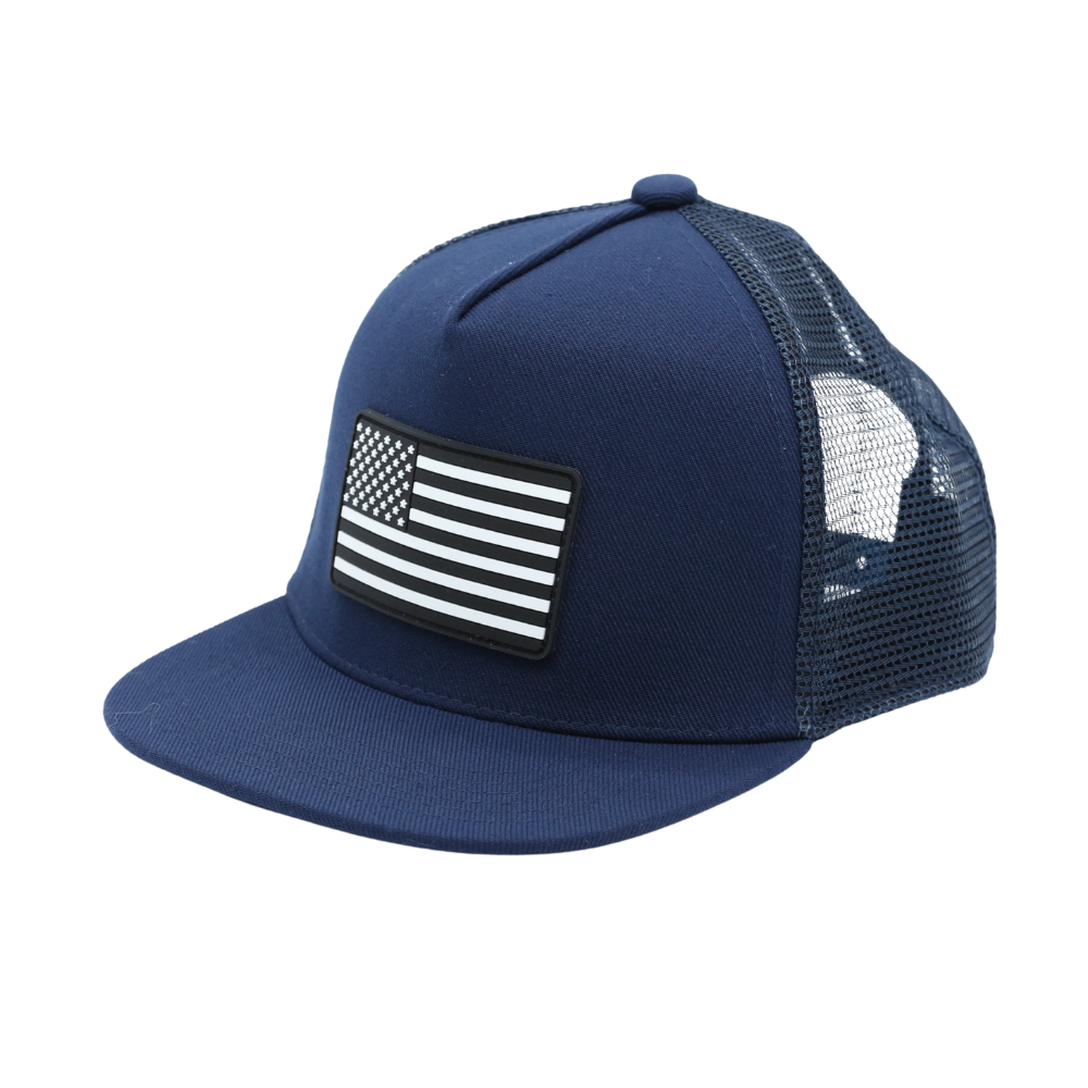 Kids navy blue USA flag trucker hat with mesh back adjustable snapback and flat brim for everyday wear
