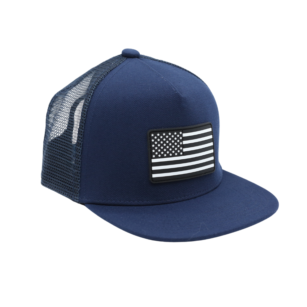 Kids navy blue USA flag trucker hat with mesh back adjustable snapback and flat brim for everyday wear