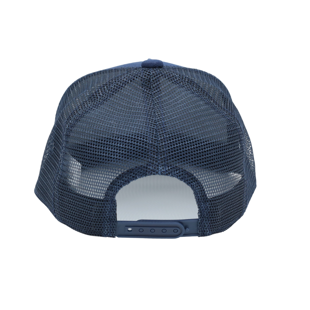Kids navy blue USA flag trucker hat with mesh back adjustable snapback and flat brim for everyday wear