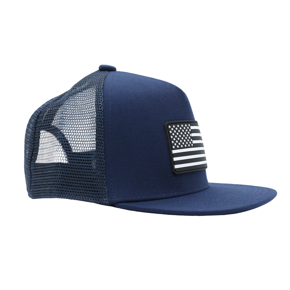 Kids navy blue USA flag trucker hat with mesh back adjustable snapback and flat brim for everyday wear
