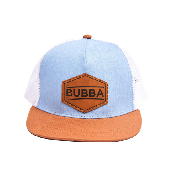 Image of Baby Blue Kids Trucker Hat with 'Bubba' Patch: A charming and stylish accessory designed for kids. In a delightful baby blue hue, it features a playful 'Bubba' patch on the front. Elevate your child's style with this fashionable hat, perfect for adding a touch of color to their outfits. Crafted with care, this baby blue kids trucker hat with the 'Bubba' patch is a must-have addition to their wardrobe, suitable for various occasions and everyday wear.