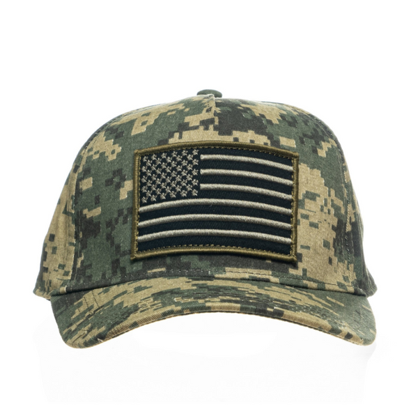 Image of Camo Kids Trucker Hat with USA Flag Patch: A patriotic and stylish accessory designed for kids. In a captivating camo pattern, it features a prominent USA flag patch on the front. Elevate your child's style with this fashionable hat, perfect for adding a touch of national pride to their outfits.