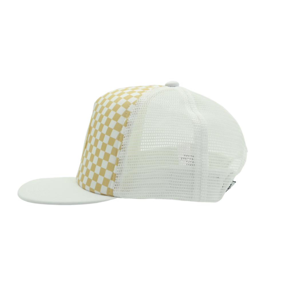 Image of Tan and White Checkers Kids Trucker Hat with 'Bubs' Patch: A versatile and stylish accessory designed for kids. Combining tan and white hues, it features a playful 'Bubs' patch on the front. Elevate your child's style with this fashionable hat, perfect for adding a touch of contrast to their outfits. Crafted with care, this kids trucker hat with the 'Bubba' patch is a must-have addition to their wardrobe, suitable for various occasions and everyday wear.