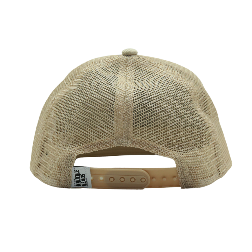 Discover the Tan Kids Trucker Hat, featuring a distinguished Knuckleheads patch and practical sun mesh. This hat is specially designed for children, combining the warm tan color with the classic Knuckleheads patch. The addition of sun mesh provides both style and sun protection. A standout accessory in our collection, it adds flair and practicality to your little one's look.