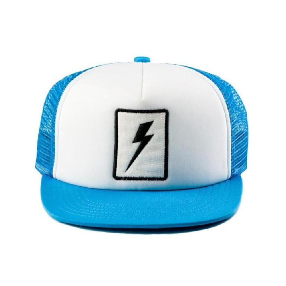Image of Blue Kids Trucker Hat with Lightning Patch: A dynamic and stylish accessory designed for kids. In a captivating blue hue, it showcases a striking lightning patch on the front. Elevate your child's style with this fashionable hat, perfect for adding a touch of energy to their outfits. Crafted with care, this blue kids trucker hat with the lightning patch is a must-have addition to their wardrobe, suitable for various occasions and everyday wear.