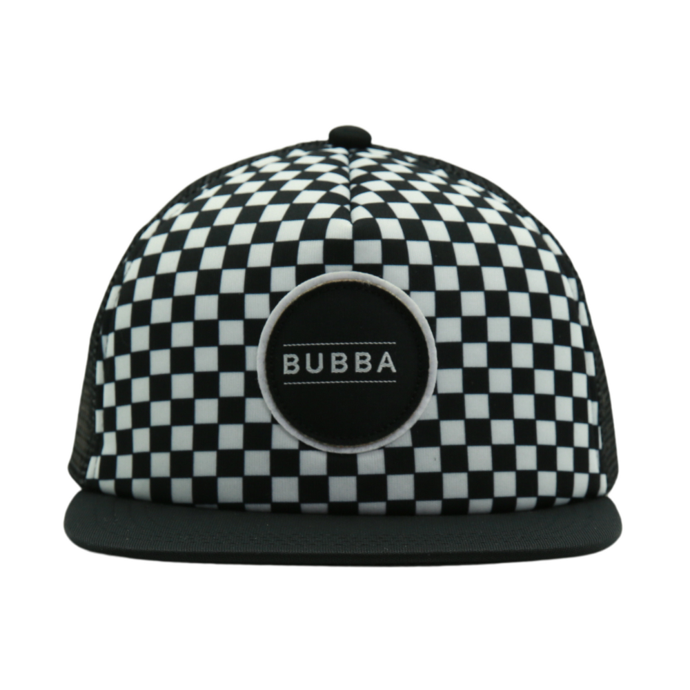 Image of Black and White Checkers Kids Trucker Hat with 'Bubba' Patch: A versatile and stylish accessory designed for kids. Combining black and white hues, it features a playful 'Bubba' patch on the front. Elevate your child's style with this fashionable hat, perfect for adding a touch of contrast to their outfits. Crafted with care, this kids trucker hat with the 'Bubba' patch is a must-have addition to their wardrobe, suitable for various occasions and everyday wear.