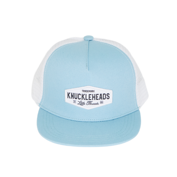Image of Blue Kids Trucker Hat with White Mesh and Knuckleheads Patch: A stylish and practical accessory designed for kids. In a captivating blue hue with white mesh, it showcases a striking Knuckleheads patch on the front. Elevate your child's style with this fashionable hat, perfect for adding a pop of color to their outfits while ensuring breathability. 