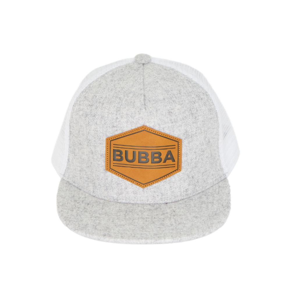 Presenting the Cool Kids Trucker Hat with 'Bubba' Patch and Sun Mesh: A trendy and practical accessory designed for kids. In a stylish grey hue, it features a fun 'Bubba' patch on the front and sun mesh for added breathability. Elevate your child's style with this fashionable and comfortable hat, perfect for outdoor adventures and everyday wear. 