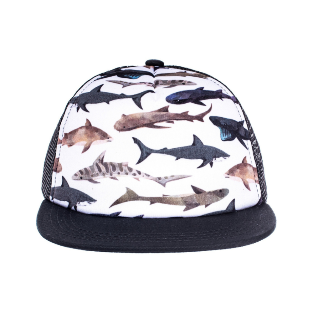 Image of Black and White Kids Trucker Hat with Shark Prints: A fierce and adventurous accessory designed for kids. In a classic black and white combination with black mesh, it features captivating shark prints on the front. Elevate your child's style with this fun hat, perfect for adding a touch of excitement to their outfits. 