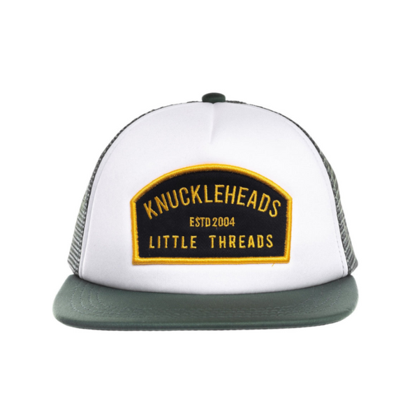 Image of Green Kids Trucker Hat with Green Mesh and Knuckleheads Patch: A vibrant and stylish accessory designed for kids. In lively green with matching green mesh, it showcases a striking Knuckleheads patch on the front. Elevate your child's style with this fashionable hat, perfect for adding a touch of color to their outfits while ensuring breathability.