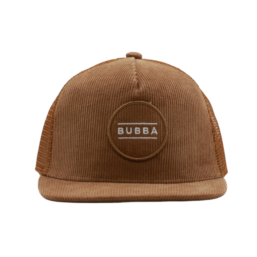 Image of Brown Corduroy Kids Trucker Hat with 'Bubba' Patch: A trendy and chic trucker hat designed for kids. The hat features a rich brown corduroy fabric and showcases a charming 'Bubba' patch on the front. Made with no sun mesh for a comfortable and breathable wear. Perfect accessory to elevate your child's style while providing sun protection.