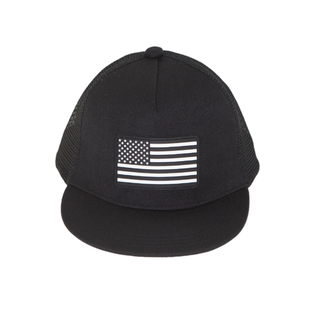 Image of Black USA Kids Trucker Hat with USA Flag Patch: A patriotic and stylish trucker hat designed for kids. The hat comes in sleek black, showcasing a striking USA flag patch on the front. Elevate your child's style while proudly displaying their American spirit. Perfect for outdoor adventures and everyday wear, this hat is a fashionable and bold addition to their wardrobe.