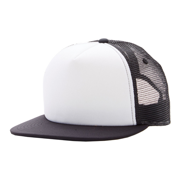 Image of Plain Black and White Kids Trucker Hat: A stylish and versatile trucker hat designed for kids. The hat features a classic black and white color scheme, perfect for adding a trendy touch to any outfit. Elevate your child's style with this fashionable and comfortable accessory, suitable for any adventure or everyday wear. Crafted with care, this plain black and white trucker hat is a must-have addition to their wardrobe.