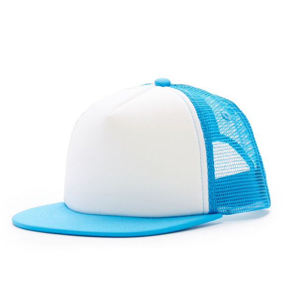 The Classic Blue and White Kids Trucker Hat: A versatile and stylish accessory designed for kids. The hat features a timeless combination of blue and white, perfect for adding a touch of flair to any outfit. Elevate your child's style with this fashionable hat, suitable for adventures or everyday wear. Crafted with care, this plain blue and white trucker hat is a must-have addition to their wardrobe.