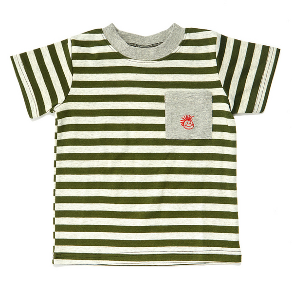 Image of Green Striped Kids T-Shirt with Knuckleheads Logo: A stylish and vibrant addition to kids' wardrobes. This green with stripes t-shirt features the iconic Knuckleheads logo on the front. Keep your child's style on point with this comfortable shirt, perfect for adding a touch of character to their outfits. 