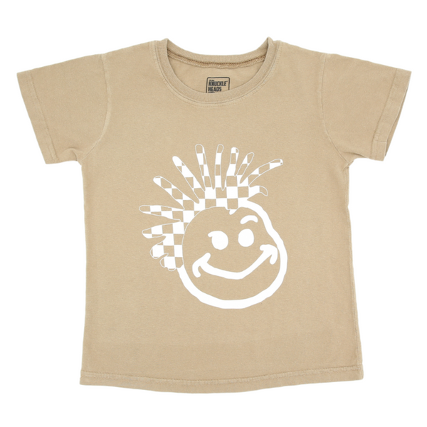 Image of Tan Kids T-Shirt with Knuckleheads Logo: A stylish and versatile addition to kids' wardrobes. This tan-colored t-shirt features the iconic Knuckleheads logo on the front. Keep your child's style on point with this comfortable shirt, perfect for adding a touch of character to their outfits.