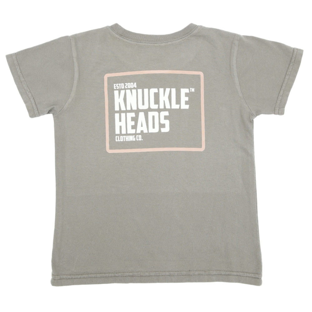 Image of Mushroom Kids T-Shirt with Knuckleheads Logo: A stylish and versatile addition to kids' wardrobes. This mushroom-colored t-shirt features the iconic Knuckleheads logo on the front. Keep your child's style on point with this comfortable shirt, perfect for adding a touch of character to their outfits.
