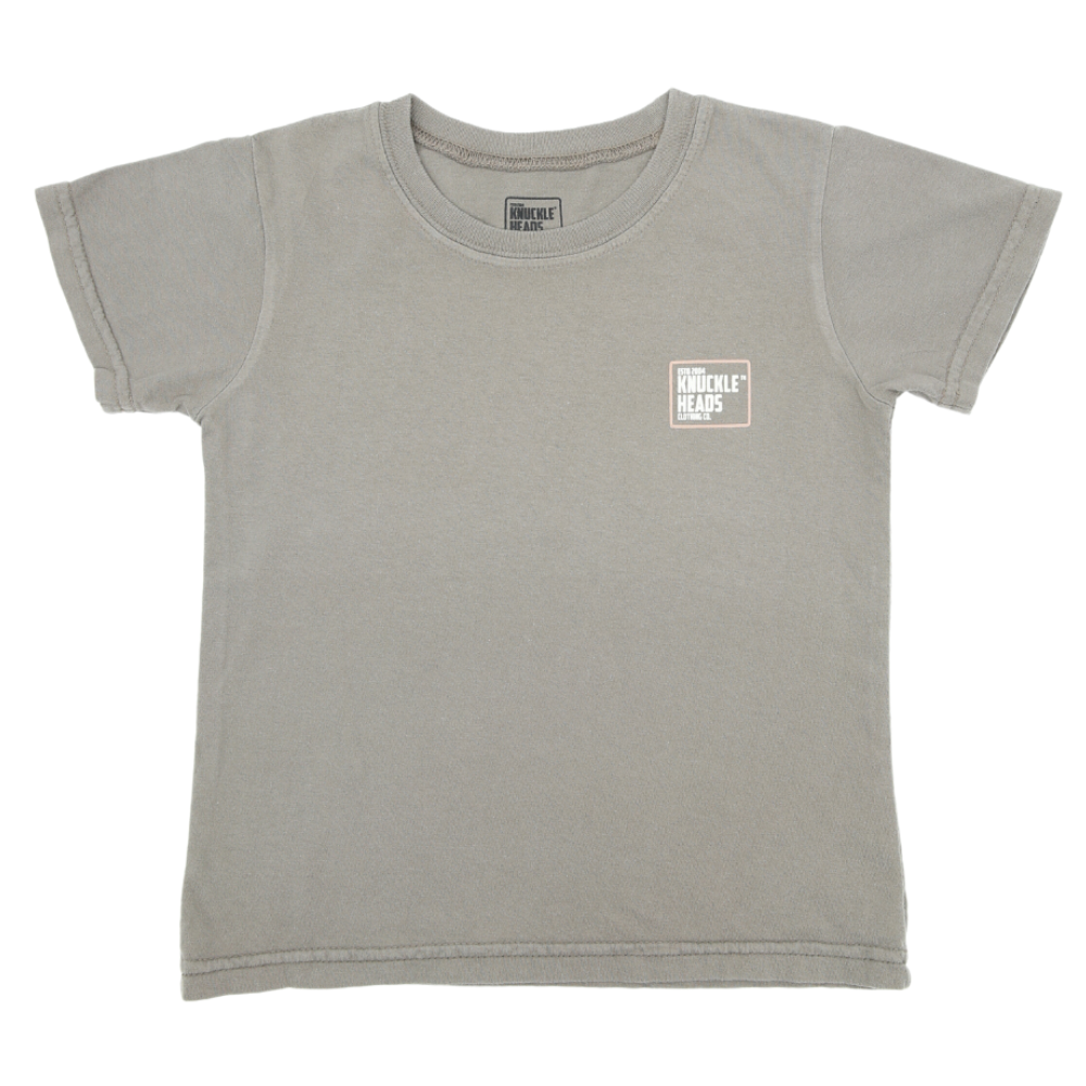 Image of Mushroom Kids T-Shirt with Knuckleheads Logo: A stylish and versatile addition to kids' wardrobes. This mushroom-colored t-shirt features the iconic Knuckleheads logo on the front. Keep your child's style on point with this comfortable shirt, perfect for adding a touch of character to their outfits.