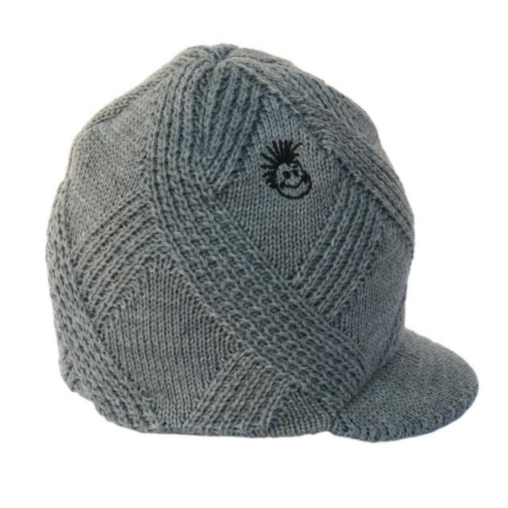 Image featuring a grey beanie with a knitted pattern and visor, designed for children. This versatile beanie combines a cozy knitted design with added practicality of a visor. Suitable for infants and toddlers, it stands out in the collection of Infant hats, offering a blend of comfort and style.