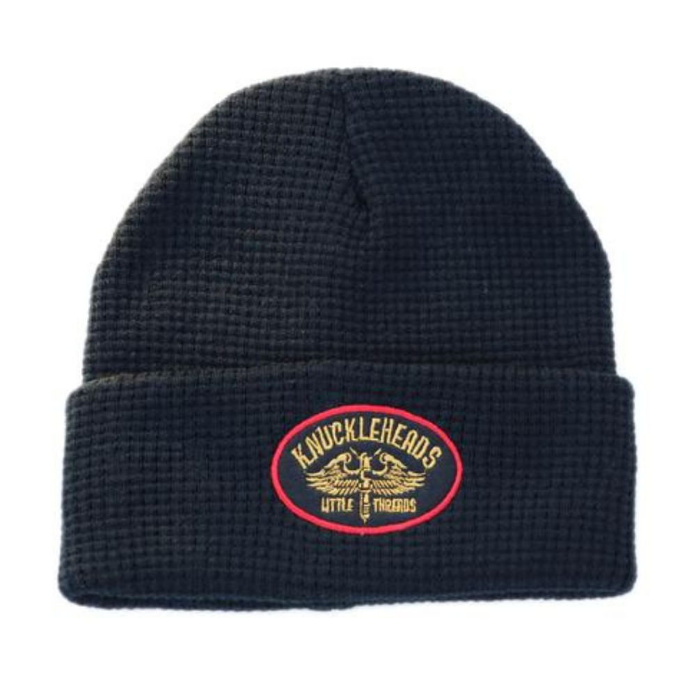 Snapshot of a timeless black kids' beanie from Knuckleheads, featuring the iconic brand tag. The beanie's understated style and versatile color make it a must-have accessory for young trendsetters.
