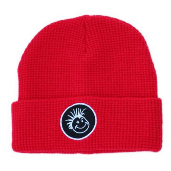Image showcasing a fold-up red beanie from Knuckleheads, thoughtfully designed for children. This versatile beanie offers a classic style, complete with the Knuckleheads brand tag, ideal for infants and toddlers. A charming addition to the collection of Infant hats, elevating its appeal.
