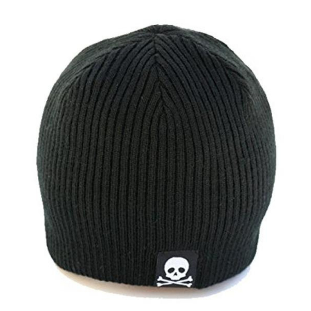 Image featuring a black beanie with a skull tag by Knuckleheads, created for children. This edgy beanie boasts a unique skull tag, adding a touch of style, while remaining suitable for infants and toddlers. A distinctive addition to the collection of Infant hats, infusing a hint of character and charm.