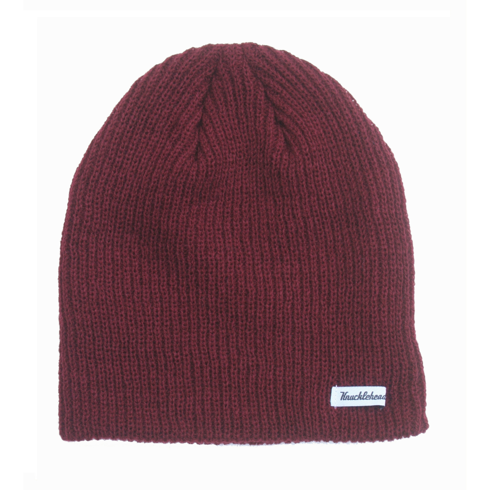 Image of a Knuckleheads Children's Burgundy Beanie, featuring its adaptable and cozy design tailored for infants and toddlers. Classic style adorned with the Knuckleheads brand tag. This Toddler beanie is part of a collection of charming Infant hats.
