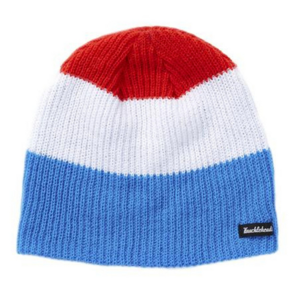 Image featuring a red, white, and blue striped beanie from Knuckleheads, tailored for children. This versatile beanie boasts a lively striped pattern, accompanied by the Knuckleheads brand tag, perfect for infants and toddlers. A spirited addition to the collection of Infant hats, enhancing its overall charm.