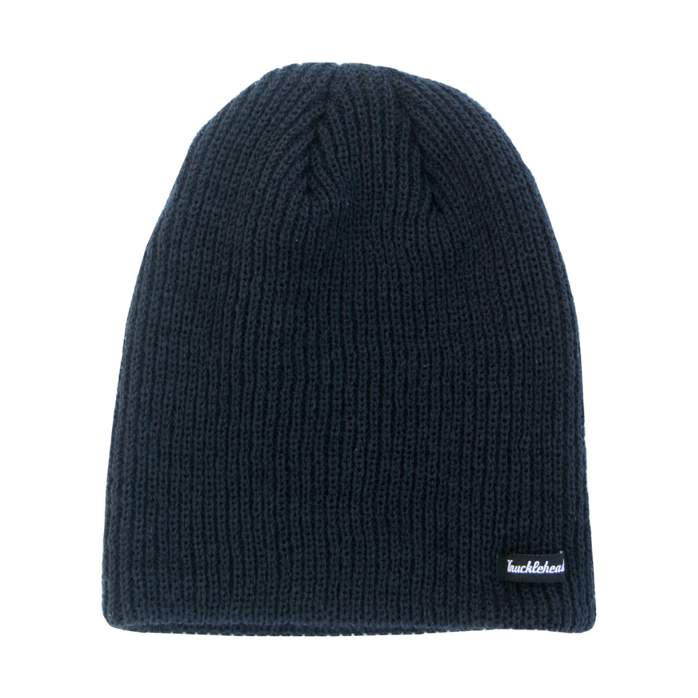 Image showcasing a navy slouchy beanie by Knuckleheads, created for children. This versatile beanie presents a relaxed style with the Knuckleheads brand tag, suitable for infants and toddlers. A delightful addition to the collection of Infant hats, adding extra charm.