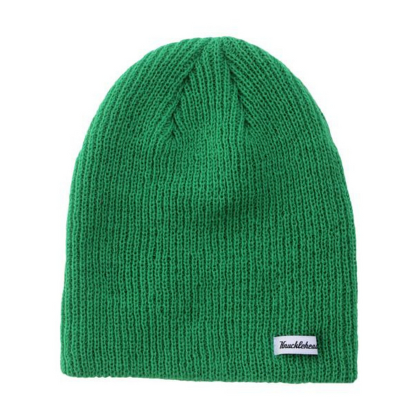 Image of a Knuckleheads Children's Green Beanie, highlighting its adaptable and cozy design made for infants and toddlers. Classic style adorned with the Knuckleheads brand tag. This Toddler beanie is part of a collection of charming Infant hats.