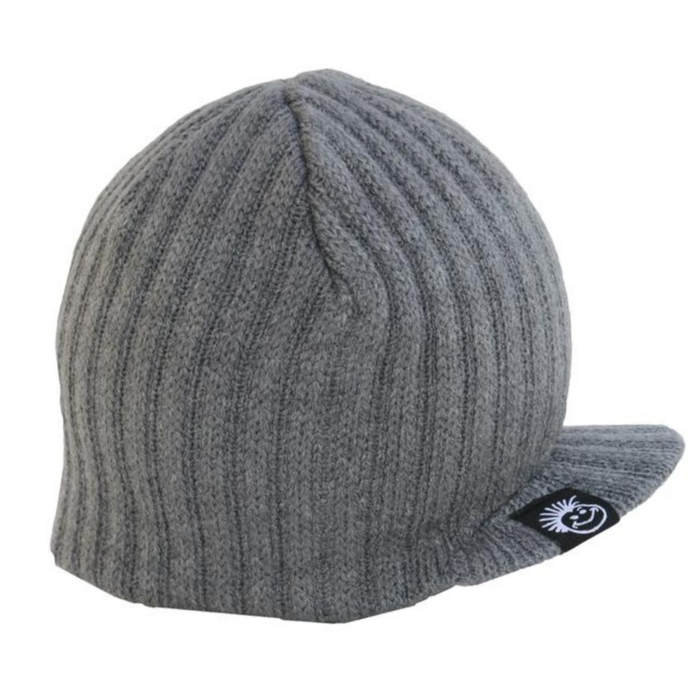 Image featuring a grey beanie with a knitted pattern and visor, designed for children. This versatile beanie combines a cozy knitted design with added practicality of a visor. Suitable for infants and toddlers, it stands out in the collection of Infant hats, offering a blend of comfort and style.