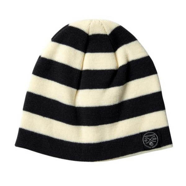 Image of White and Black Striped Kids Beanie with Knuckleheads Logo: A stylish and cozy accessory for kids. Featuring a sleek white and black striped design, it showcases the iconic Knuckleheads logo on the front. Keep your child warm and fashionable with this comfortable beanie, perfect for adding a touch of character to their outfits.