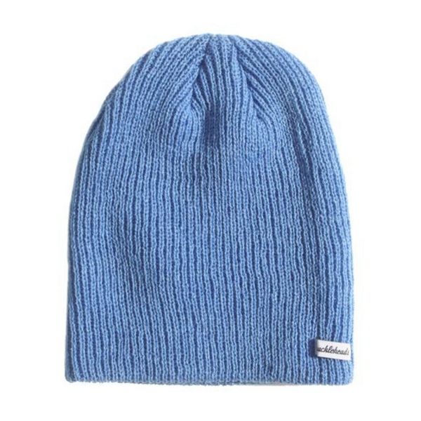 Image of a light blue slouchy beanie by Knuckleheads, designed for children. This versatile beanie offers a relaxed style with the Knuckleheads brand tag, suitable for infants and toddlers. A part of the charming collection of Infant hats for added appeal.