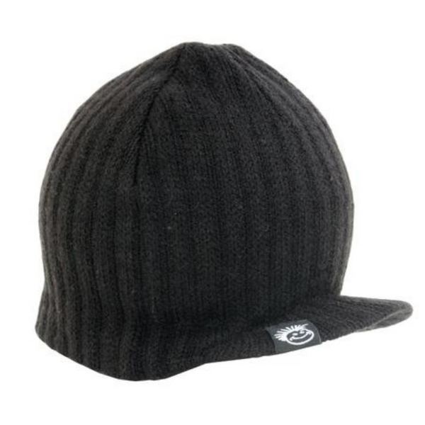 Snapshot of a children's black beanie by Knuckleheads, showcasing a timeless Baby Beanie design with the iconic brand tag and a subtle visor. This Toddler beanie is perfect for keeping your little ones cozy and stylish. Ideal for infants, this hat belongs to a collection of adorable Infant hats that combine fashion and comfort seamlessly.