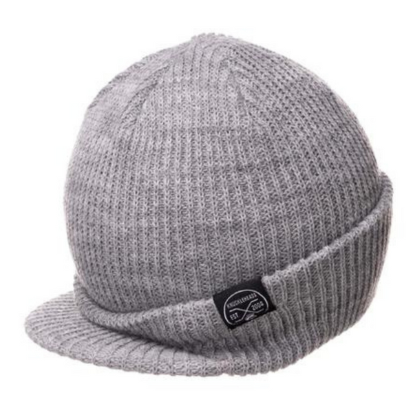 Image featuring a grey beanie with a visor and Knuckleheads patch, specially designed for children. This versatile beanie combines a practical visor with the distinctive Knuckleheads patch, making it a great fit for infants and toddlers. A unique addition to the collection of Infant hats, combining functionality and charm seamlessly.