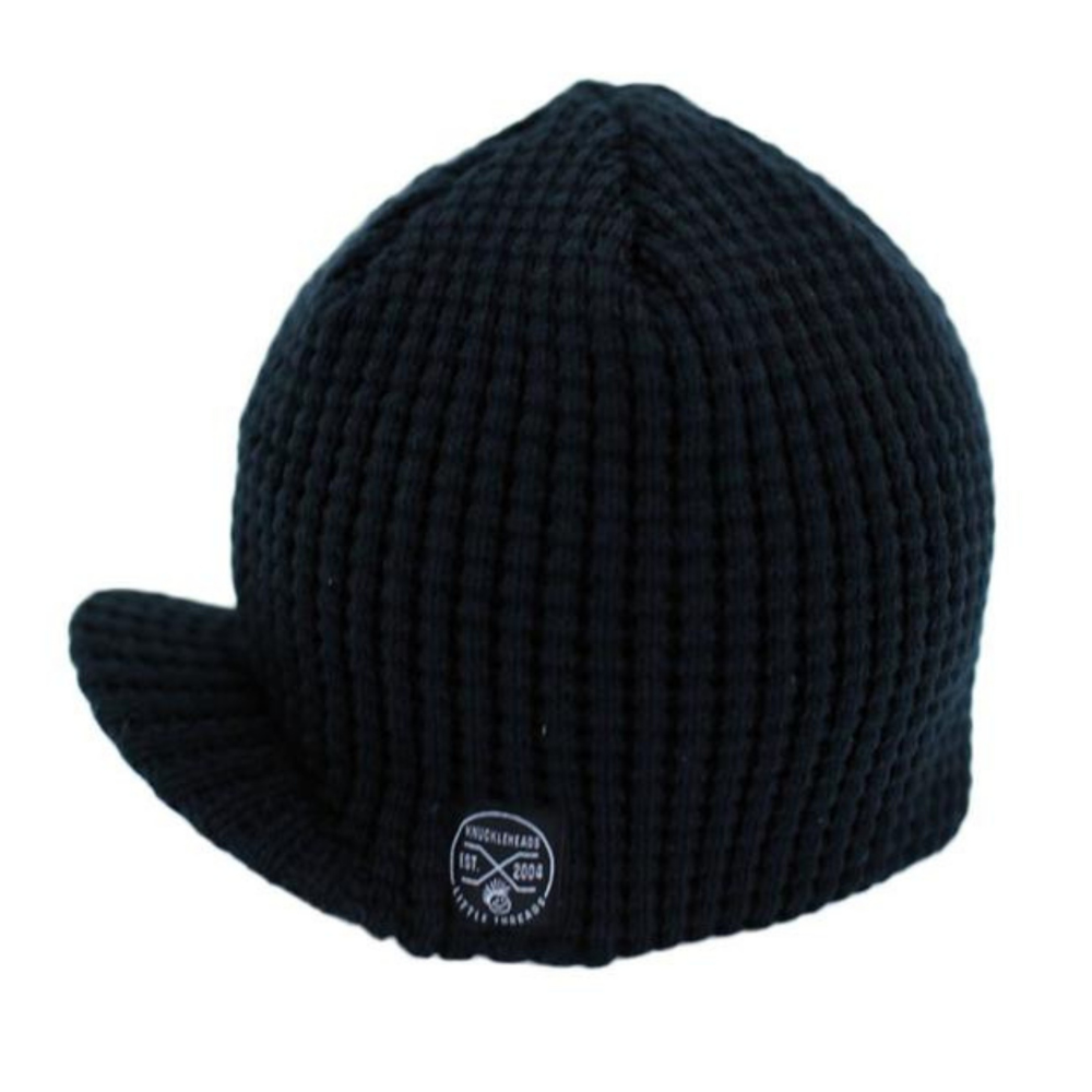 Image showcasing a black beanie with a visor, designed for children. This versatile beanie combines style and practicality with its sleek black design and added visor. Ideal for infants and toddlers, it's a standout choice within the collection of Infant hats, offering a blend of fashion and function.