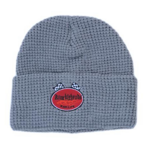 Image of a fold-up gray beanie from Knuckleheads, designed for children. This versatile beanie offers a classic style with the Knuckleheads brand tag, suitable for infants and toddlers. A part of the charming collection of Infant hats for added appeal.