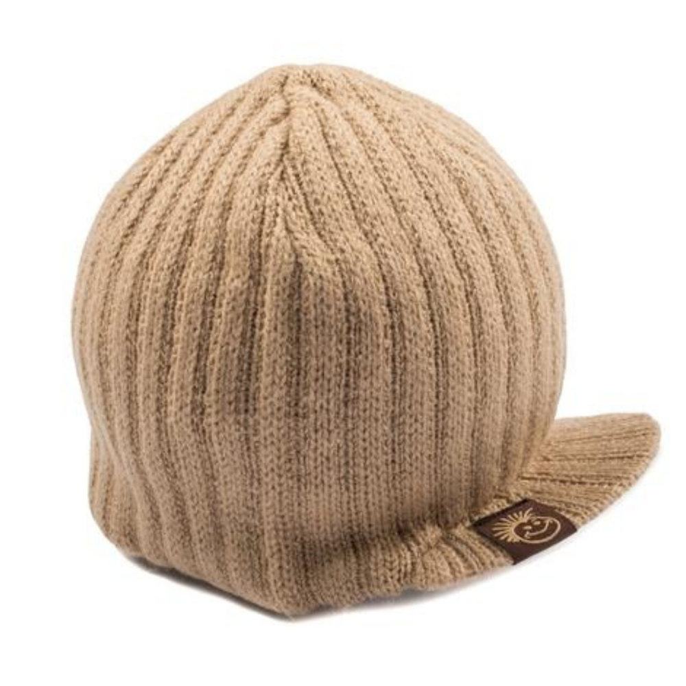 Image showcasing a tan beanie with a visor and Knuckleheads patch, designed for children. This versatile beanie combines practicality with style, featuring both a visor and the iconic Knuckleheads patch. Ideal for infants and toddlers, it stands out in the collection of Infant hats, offering a seamless blend of function and charm.