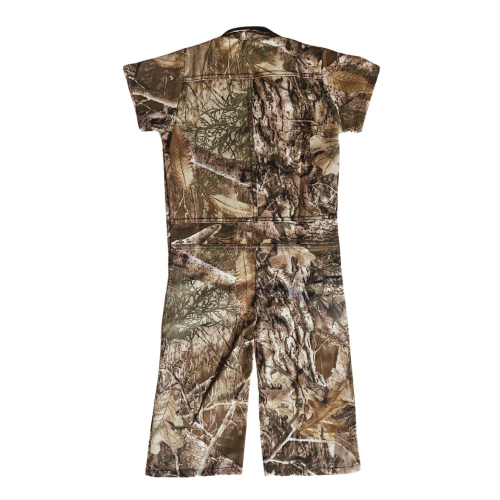  back view of toddler woodland camouflage coveralls short sleeve kids camo jumpsuit