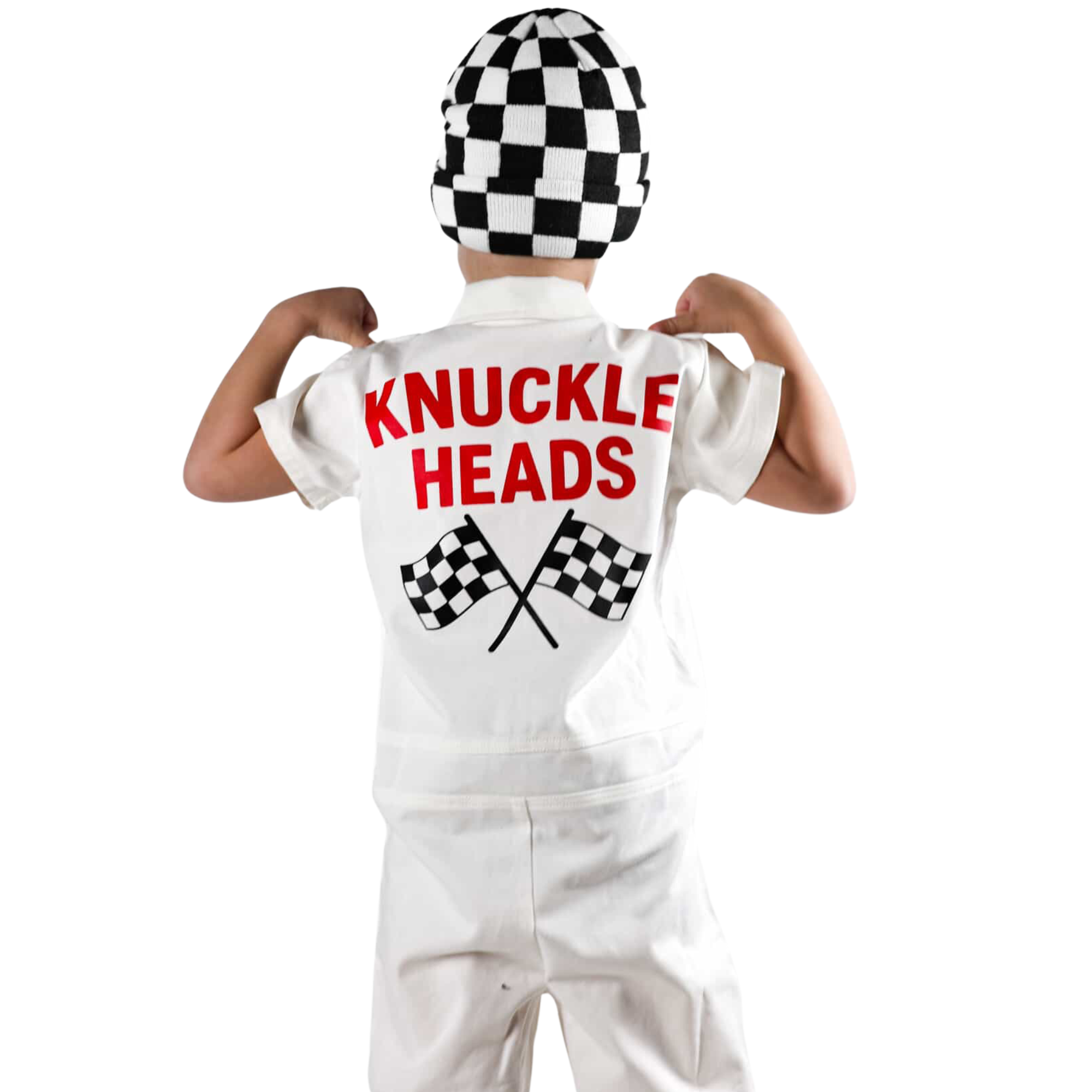 Toddler wearing Knuckleheads racing coveralls with checker flag back graphic
