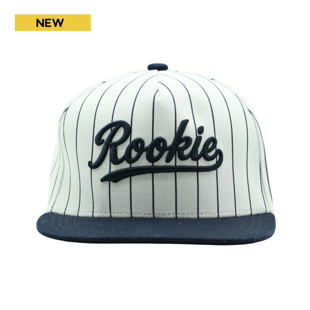 Rookie snapback hat with navy pinstripes front view
