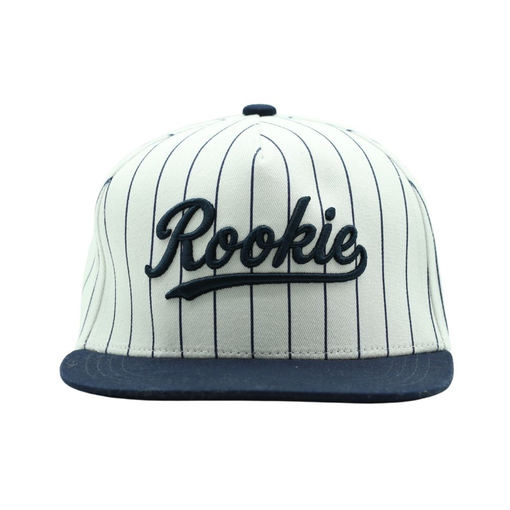 Rookie snapback hat with navy pinstripes front view