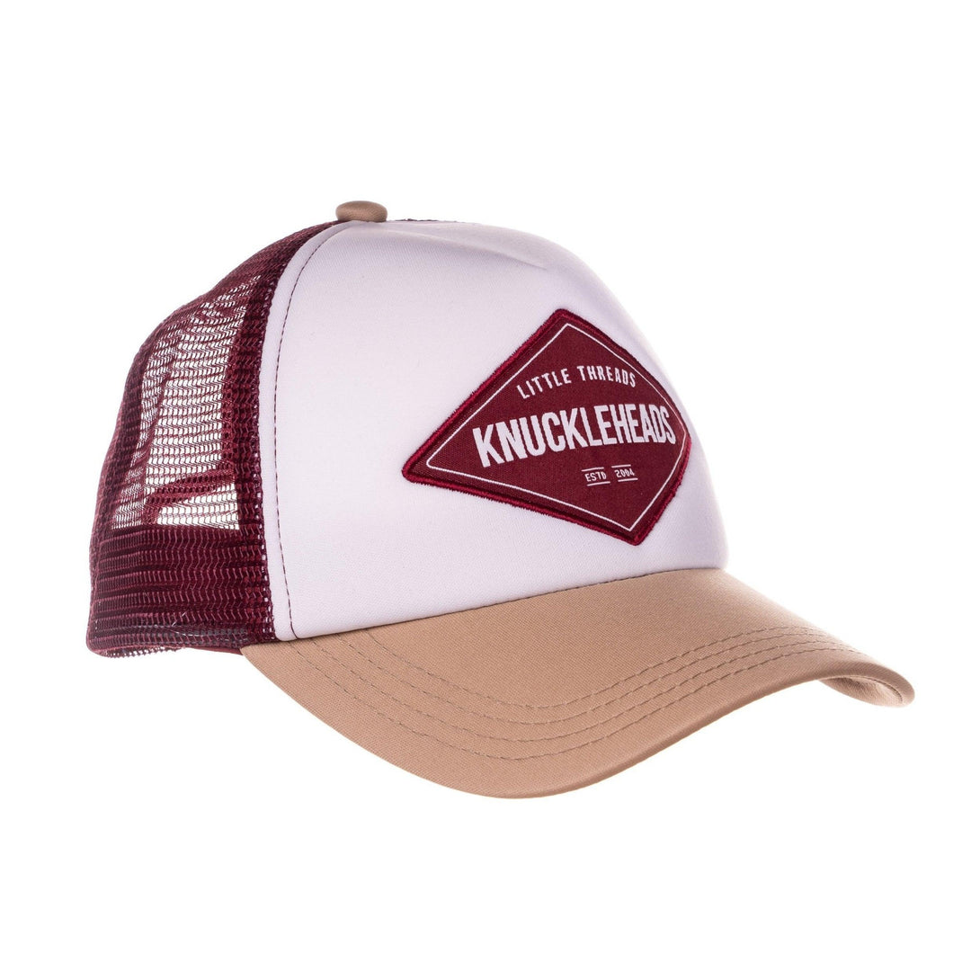 Image of Burgundy and White Kids Trucker Hat with Knuckleheads Patch: A stylish and trendy trucker hat designed for kids. The hat features a chic combination of burgundy and white, adorned with a striking Knuckleheads patch on the front. Elevate your child's style with this fashionable and comfortable accessory, perfect for any outing or everyday wear. Crafted with care, this burgundy and white trucker hat with a Knuckleheads patch is a must-have addition to their wardrobe.