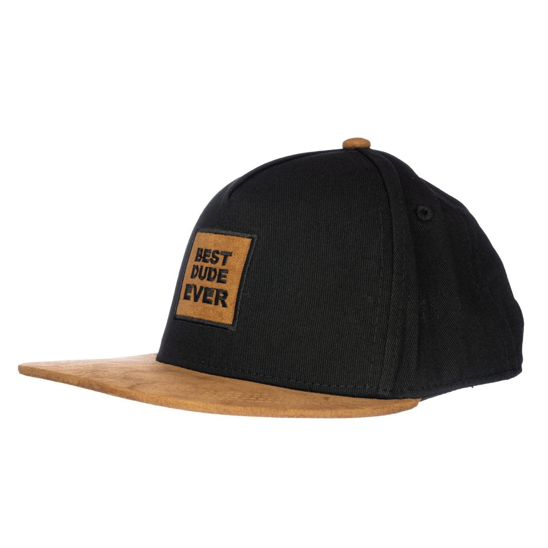 Image of Black with Brown Bill Kids Trucker Hat with 'Best Dude Ever' Patch: A trendy and stylish trucker hat designed for kids. The hat features a sleek black crown with a brown bill, adorned with a playful 'Best Dude Ever' patch on the front. Elevate your child's style with this fashionable and comfortable accessory, perfect for any outing or everyday wear. Crafted with care, this black trucker hat with brown bill and 'Best Dude Ever' patch is a must-have addition to their wardrobe.