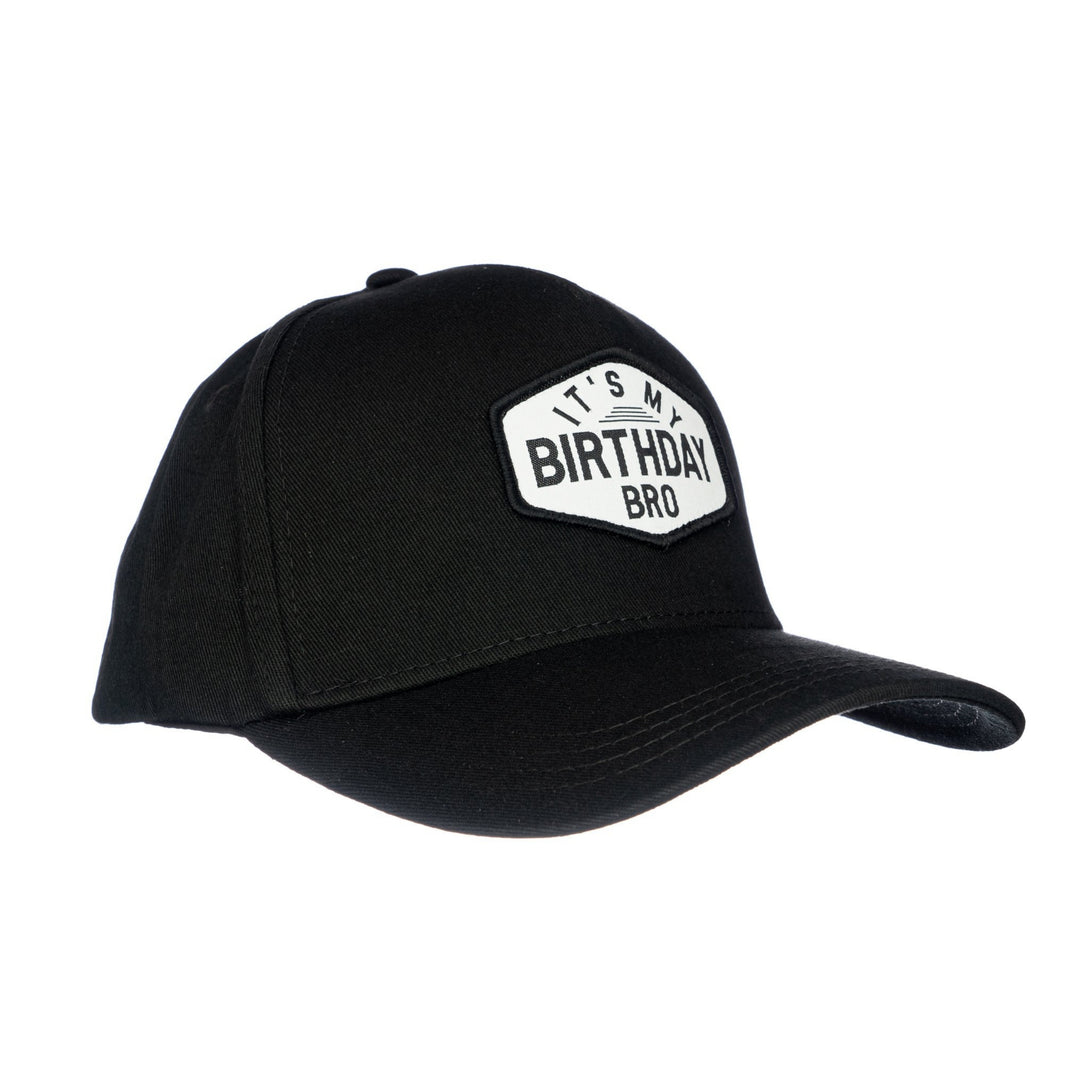 Image of Black Kids Trucker Hat with 'It's My Birthday Bro' Patch: A fun and stylish trucker hat designed for kids. The hat comes in sleek black, featuring a playful 'It's My Birthday Bro' patch on the front. Elevate your child's style with this trendy and celebratory accessory, perfect for their special day or everyday wear. Crafted with care, this black trucker hat with 'It's My Birthday Bro' patch is a must-have addition to their wardrobe.