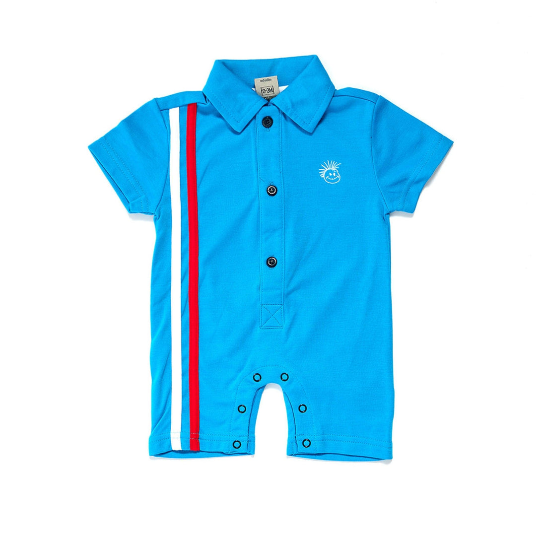 Baby Infant Retro Stripes Polo Onesie for Boys: A stylish and comfortable polo onesie with retro-inspired stripes. Paired with the Knuckleheads Race Track Blue Halloween Jumpsuit Costume Outfit, perfect for Halloween or themed events.