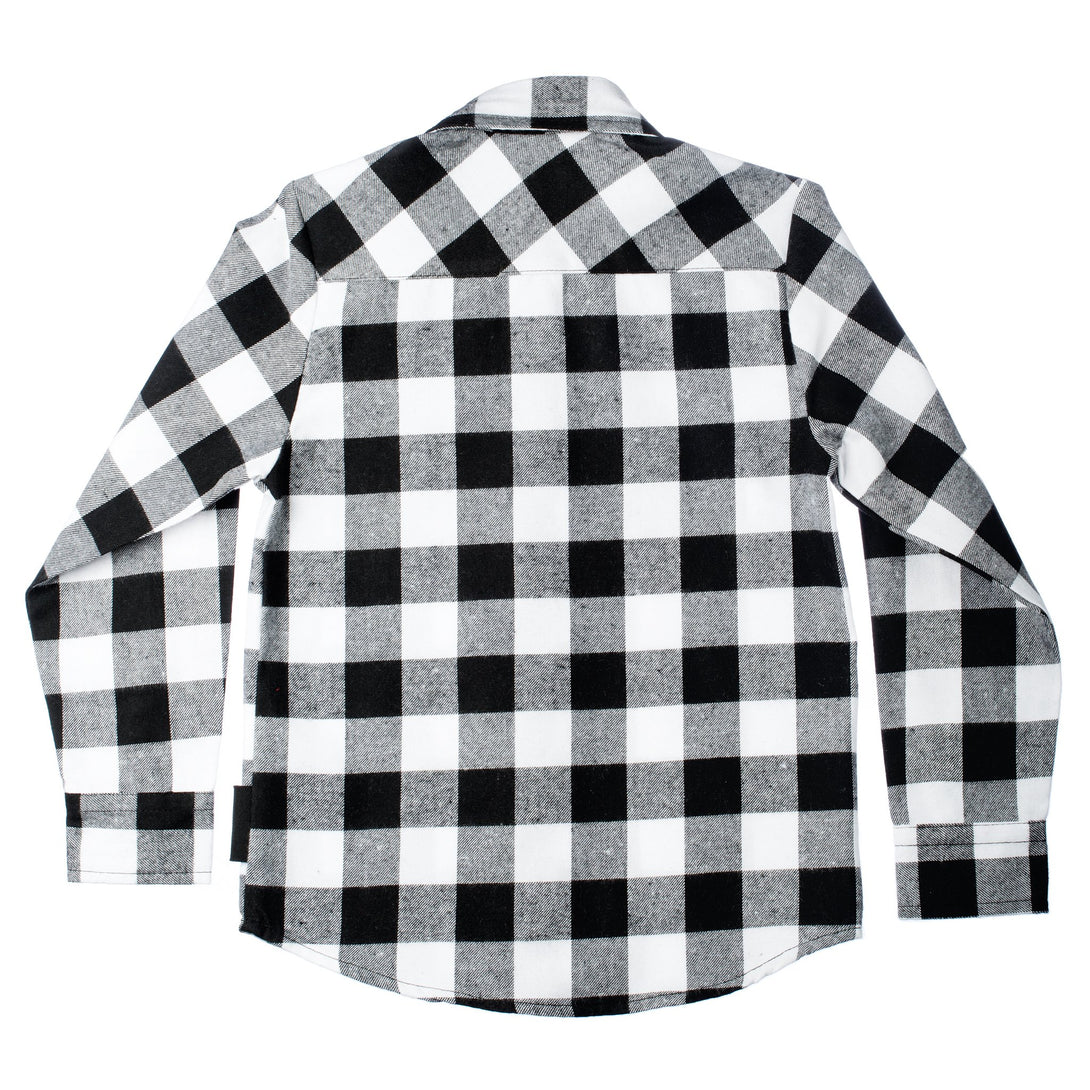 Image of a long sleeve shirt from Knuckleheads Clothing, showcasing a captivating black and white checkerboard pattern. The design exudes a confident and edgy style, making it a bold fashion choice.