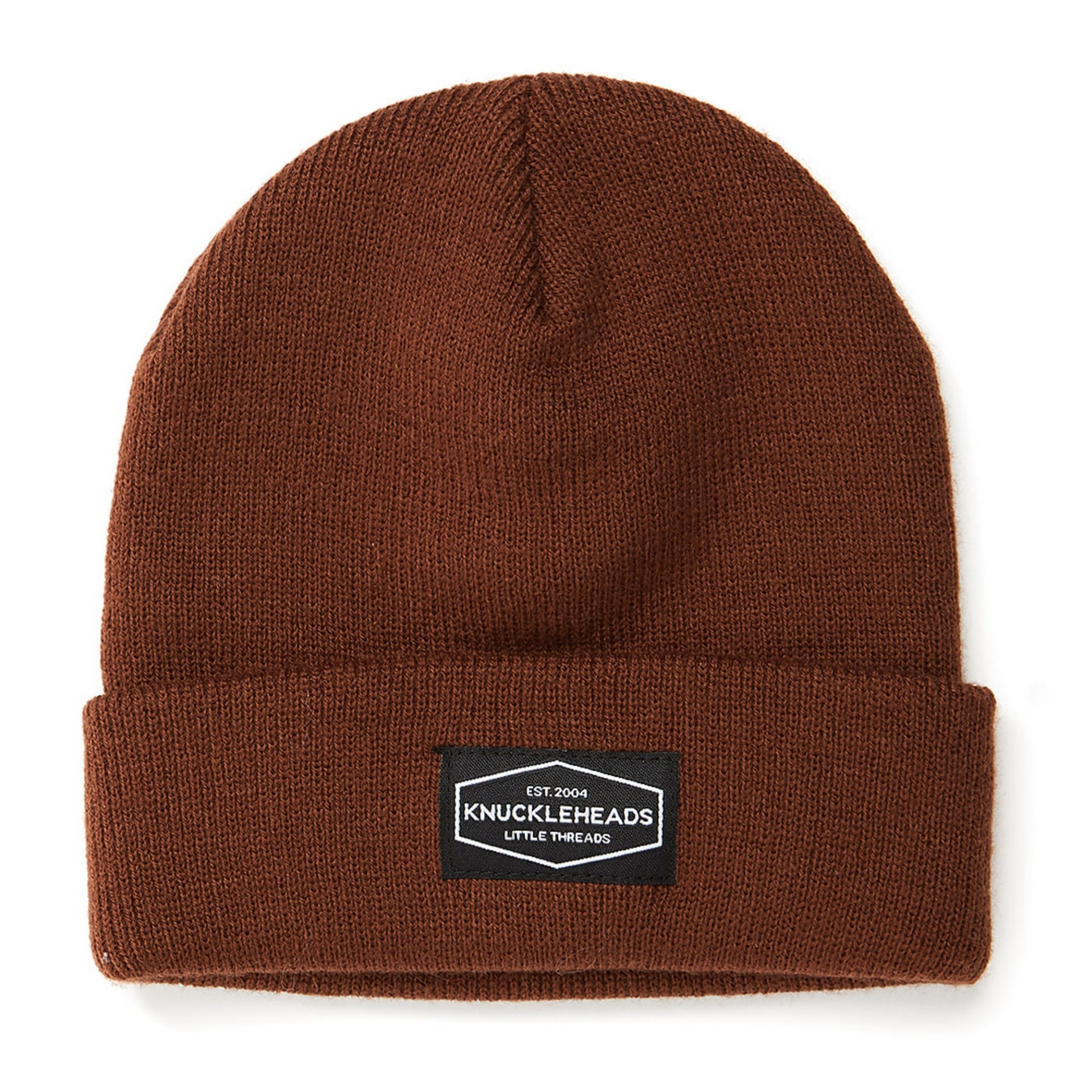 Image of Brown Kids Beanie with Knuckleheads Logo: This green beanie is both stylish and cozy for kids. The Knuckleheads logo on the front adds a unique touch to their outfits while keeping them warm. Crafted with care, this beanie is a versatile addition to their winter wardrobe, suitable for various occasions and everyday wear.