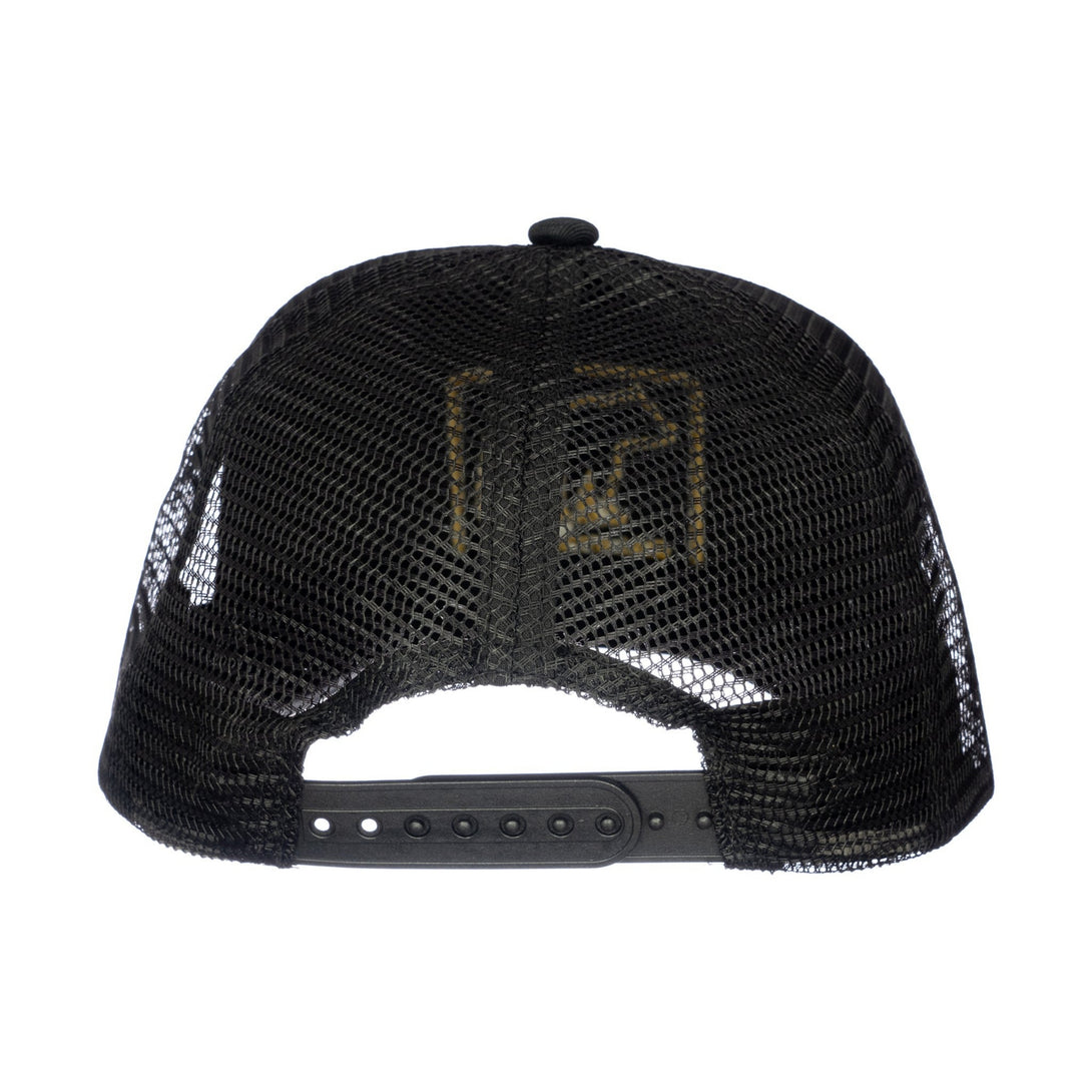 Image of Black Kids Trucker Hat with Gold California Republic Patch: A stylish and captivating accessory designed for kids. In sleek black, it showcases a striking gold California Republic patch on the front. Elevate your child's style with this fashionable hat, perfect for expressing their affinity for the Golden State. Crafted with care, this black kids trucker hat with the gold California Republic patch is a must-have addition to their wardrobe, suitable for various occasions and everyday wear.