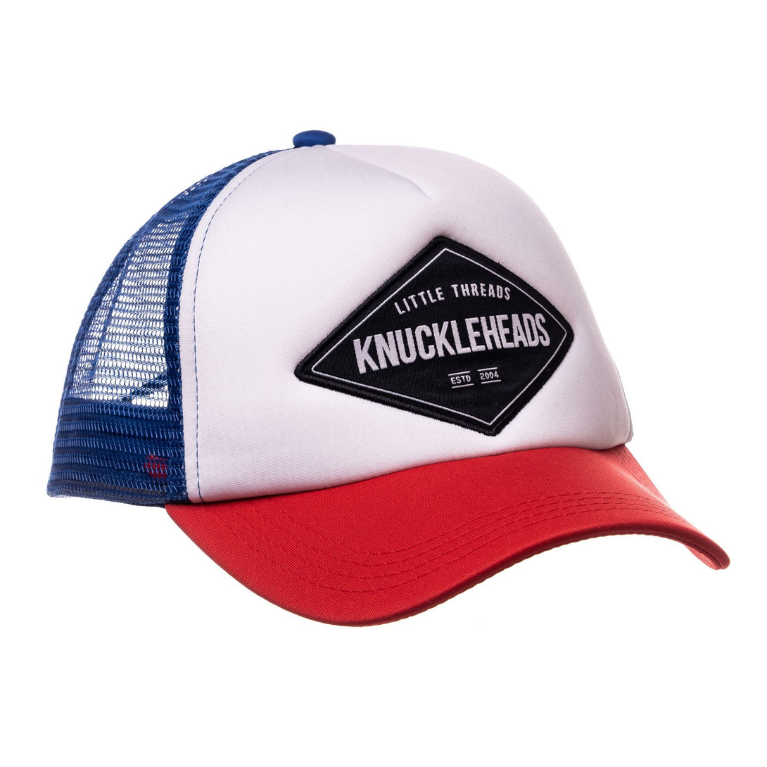 Image of Red, Blue, and White Kids Trucker Hat with Knuckleheads Patch: A dynamic and stylish accessory designed for kids. Combining bold red, blue, and white hues, it showcases a striking Knuckleheads patch on the front. Elevate your child's style with this fashionable hat, perfect for adding a vibrant touch to their outfits. Crafted with care, this red, blue, and white kids trucker hat with the Knuckleheads patch is a must-have addition to their wardrobe, suitable for various occasions and everyday wear